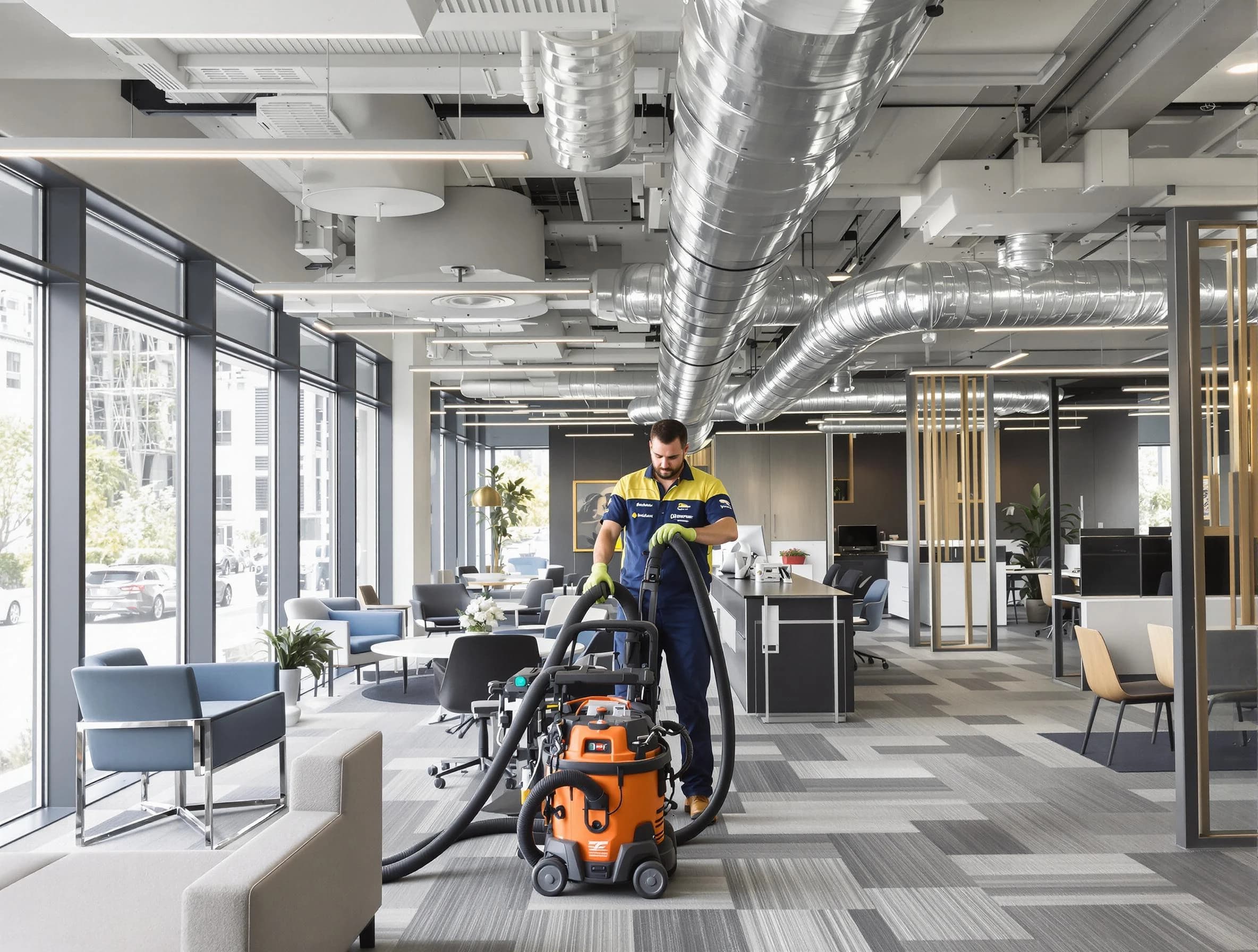 Shaw Heights Air Duct Cleaning team performing thorough commercial duct cleaning at a Shaw Heights business center